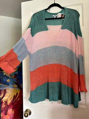 Mudpie, Color Block V-Neck Sweater Pink Green Like New, One Size